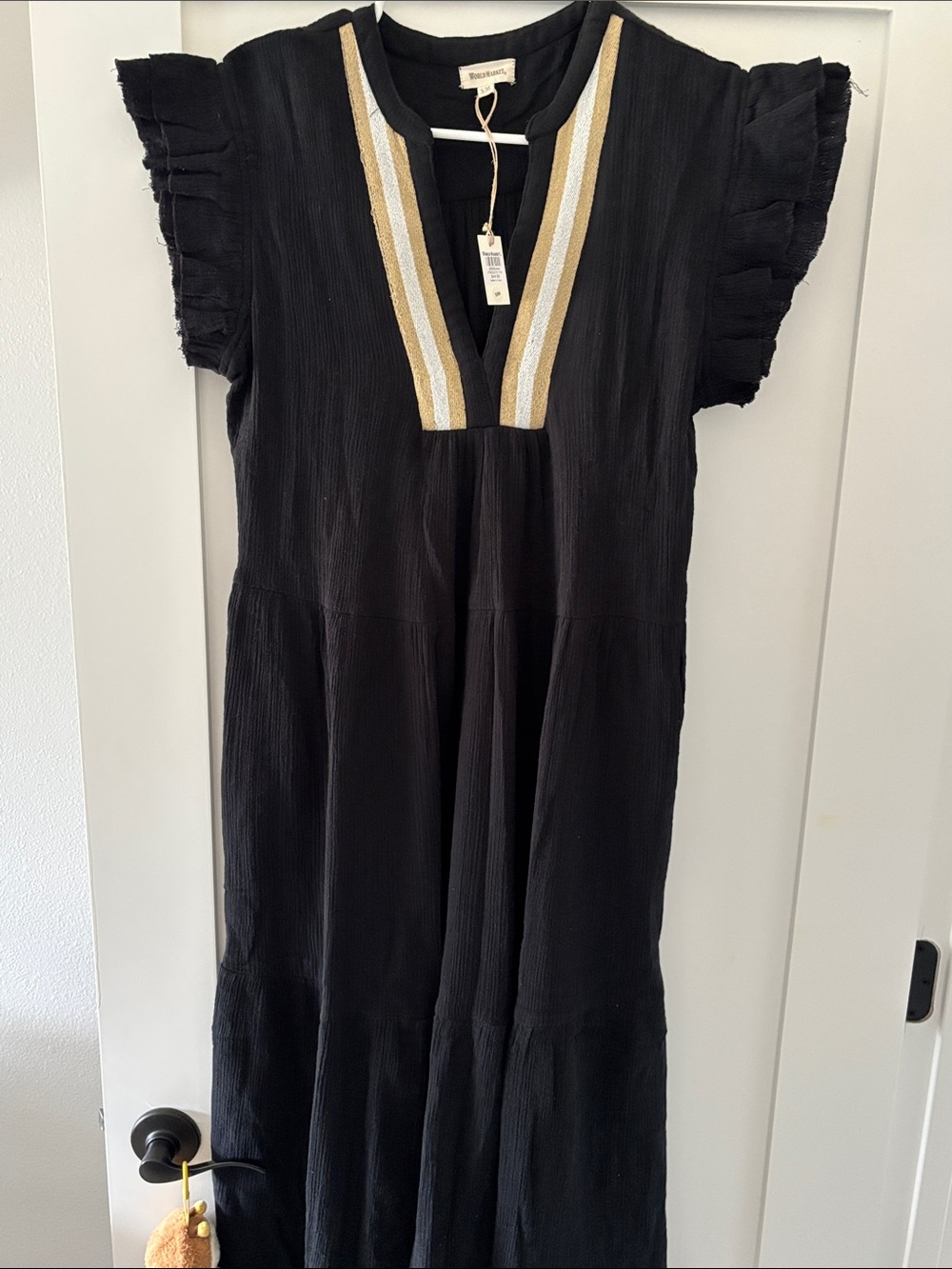 NWT Cost Plus World Market 100% cotton Black Dress with Gold and White Trim